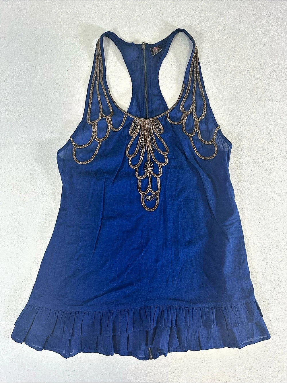 Free People Royal Blue Beaded Tunic Tank Top Gold Embroidery Ruffle Size 8